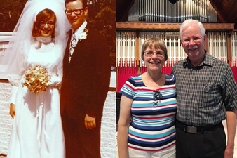 Mary Beth (Oaks) Mankin ’68 and Bill Mankin pose outside Norton Chapel on their wedding day in 1972 and inside the chapel while celebrating their 46th anniversary. 